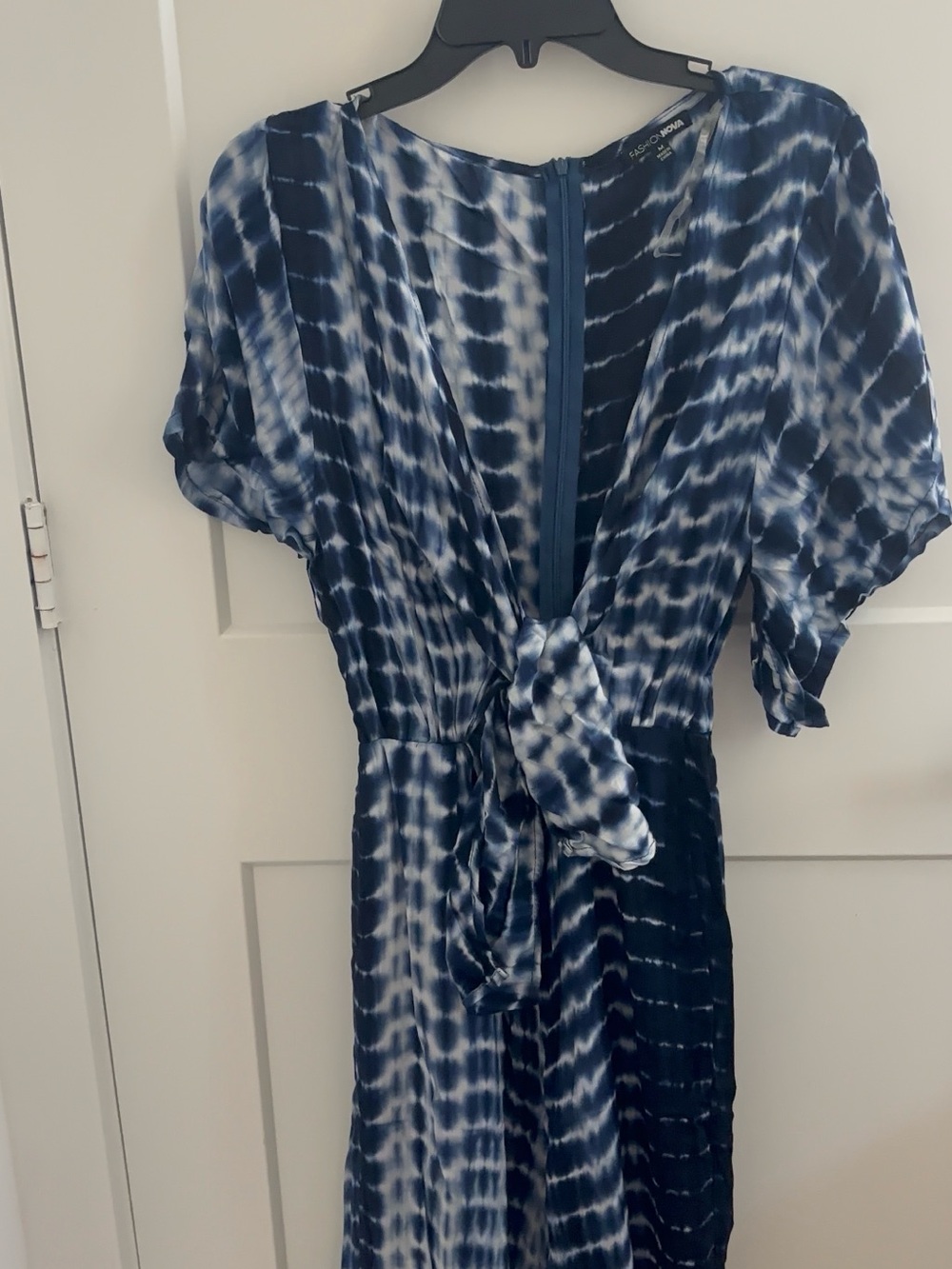 Tie-Dye Navy Blue V-Neck Tie-Waist romper